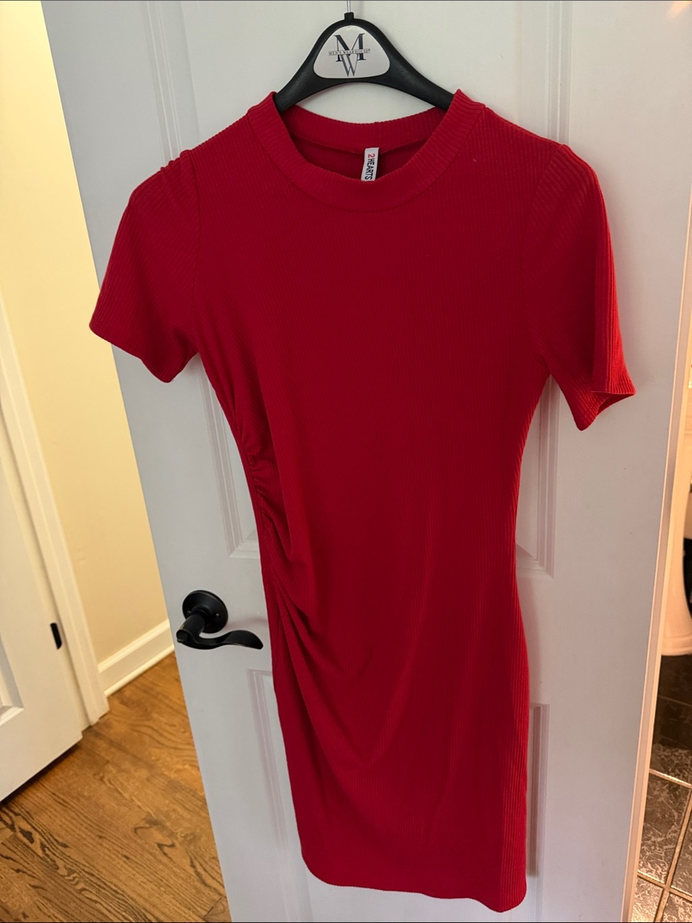 Women’s Red Ribbed Midi Dress with Short Sleeves